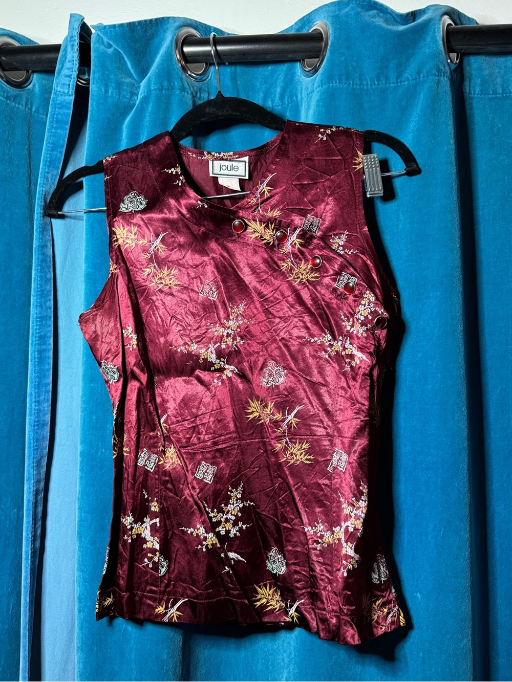 Joules Sleeveless Satin Floral Top in Burgundy with Gold Accents